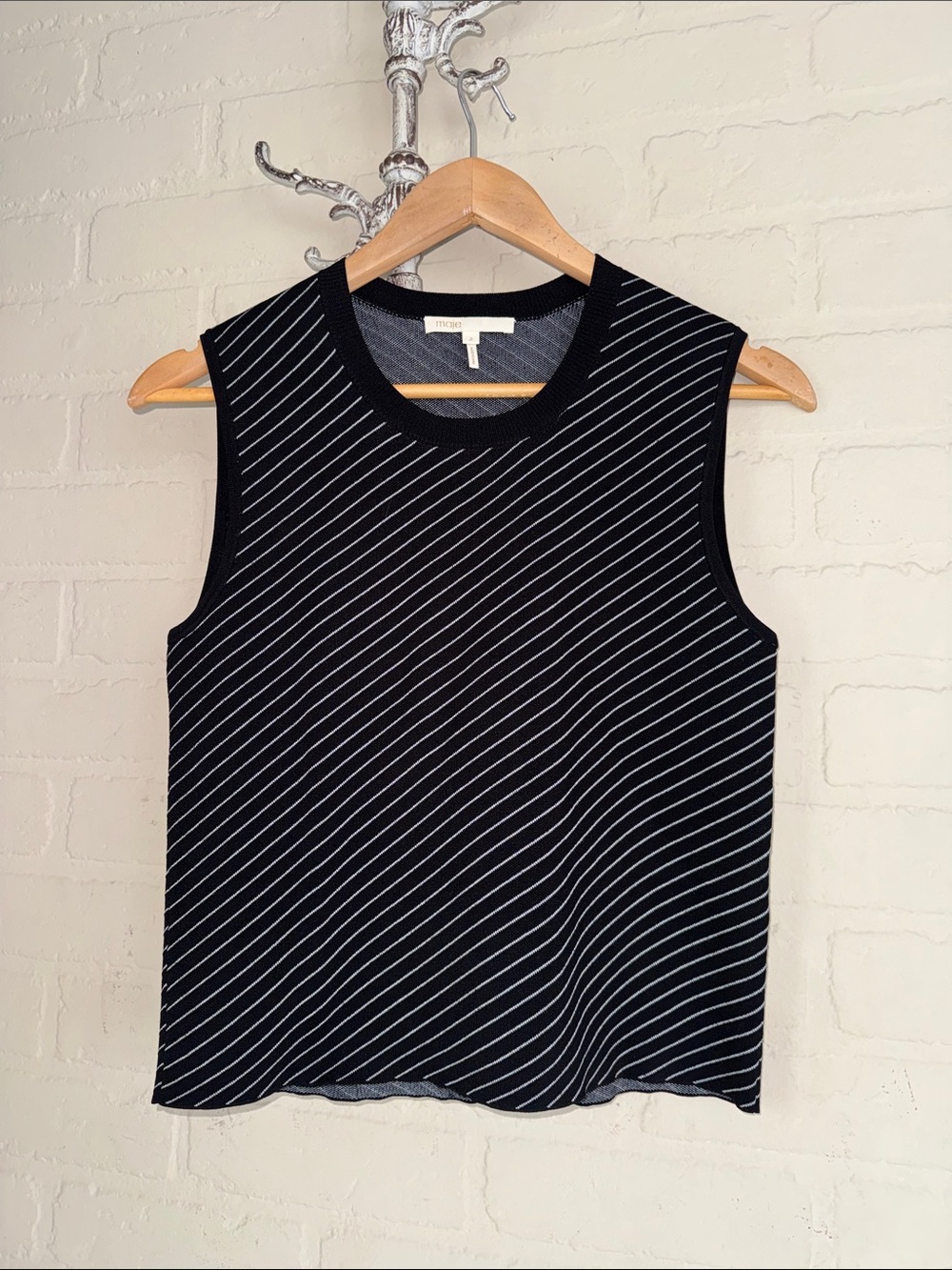 Maje Black and White Striped Sleeveless Knit Tank asymmetrical stripe 2